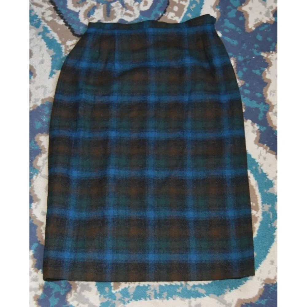 Vintage 1950s Pendleton Wool Plaid Pencil Skirt Blue and Maroon Size XS/S